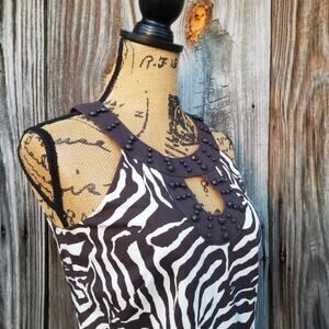 Zebra Print Dress LOFT Size 0 Brown White Stretch Sleeveless Beaded Collar
